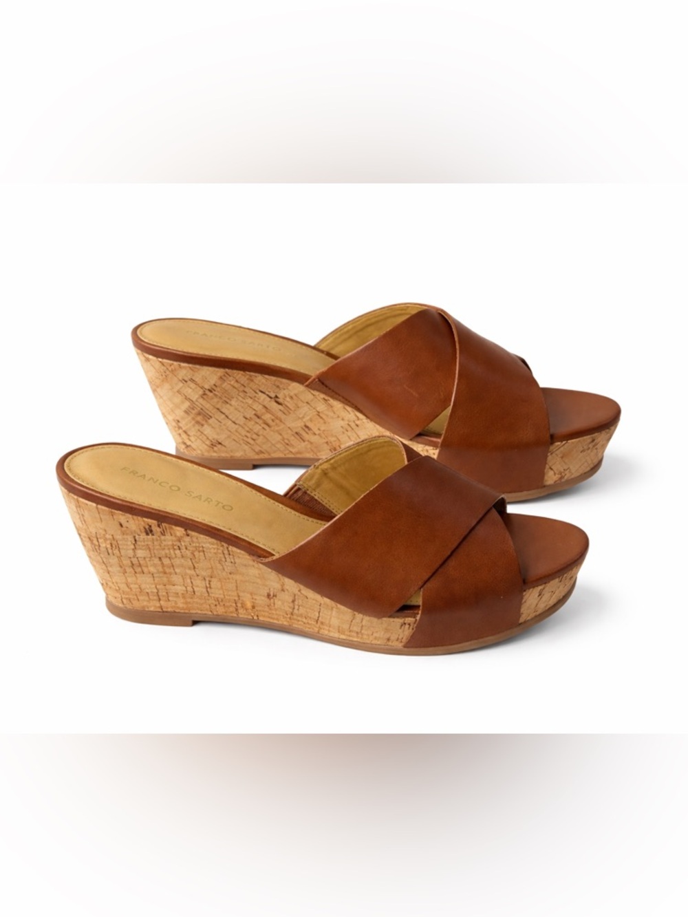Franco Sarto Brown Leather Cork Wedge Sandals Womens 9.5M  Slip On Summer Casual